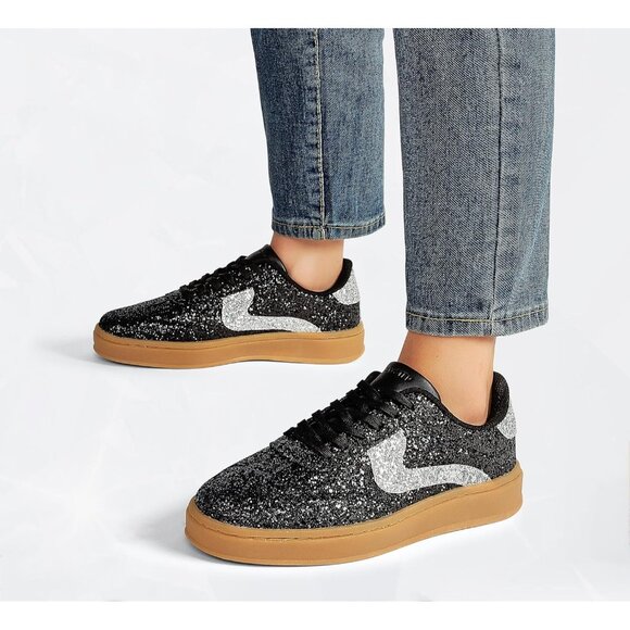 Lucky Step Women Black Sparkly Bling Shiny Dressy Bedazzled Bridal Sneakers - Picture 9 of 9